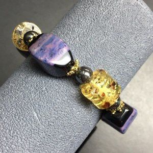 Purple Amber Gold Bracelet Marbled Yellow Stretch Organic Cylinder Retro BoHo